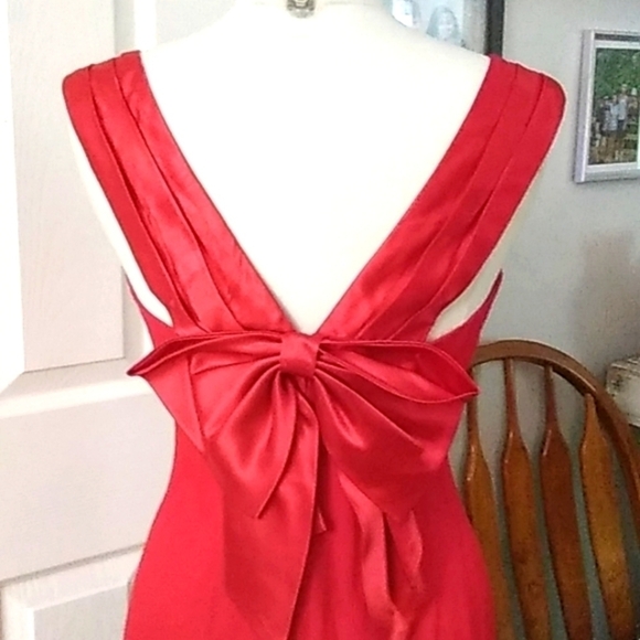 VINTAGE 80s 90s Red Cocktail Dress Large Bow Rhinestones Christmas - Picture 6 of 12